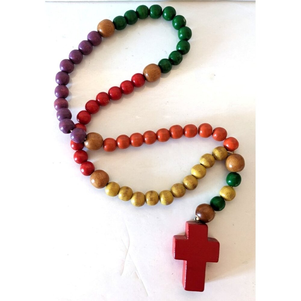 Vintage Cca 1970 Wood Rosary Hippie Large Beads Catholic Tradition 35" W.Germany